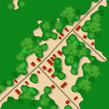 Top view landscape with rooftops, fields, 3d illustration Illustrazione stock