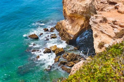 Top view of landscape view of rocks, cliff, sea waves in Algarve, Lagos, Port Stock Photos