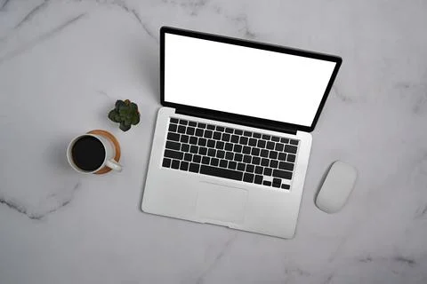 Top view laptop computer with empty screen, coffee cup and succulent plant on Stock Photos