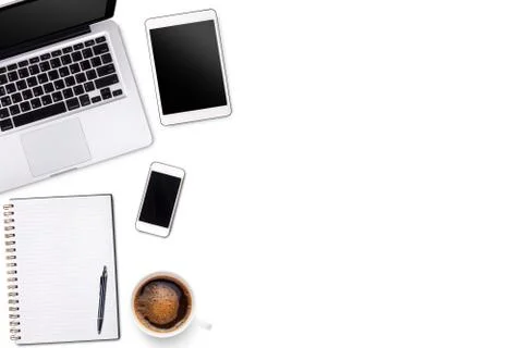 Top view laptop computer or notebook,mobile phone and cup of latte art coff.. Stock Photos