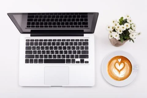 Top view laptop or notebook workspace office on white table Stock Photos
