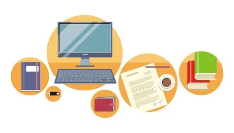 Top view laptop, papers with document Illustrazione stock