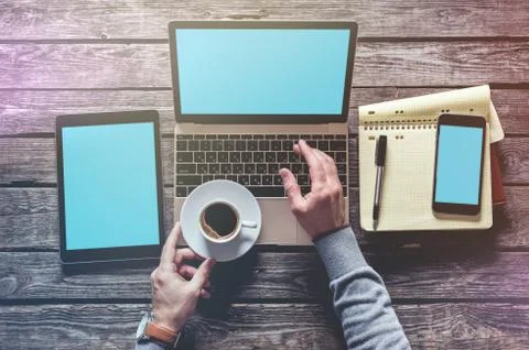 Top view of laptop, tablet pc, smart phone Stock Photos