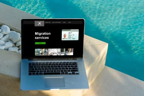 Top view of laptop with text Cloud migration. Migration to cloud Stock Photos