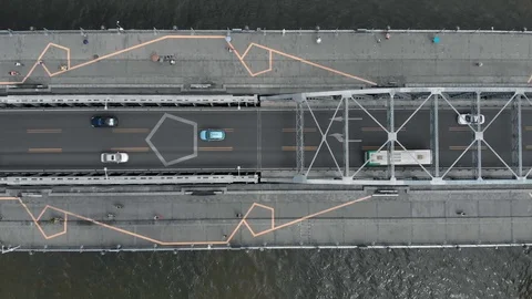 Top view of a large arched bridge over the river. Stock Footage 118113894