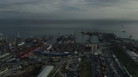 Top view of large cargo ship port with drone Stock Footage 148428800
