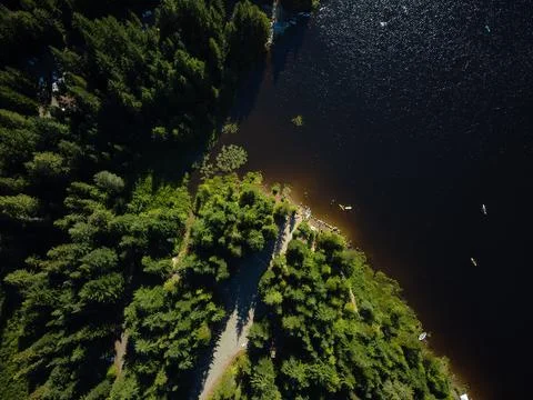 Top view of a large dark river, coniferous forest on a high bank, walking pat Stock Photos