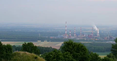Top view of large industrial complex with high chimneys and smoke Stock Footage 343544429