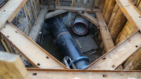 Top view of large plastic PEX pipes on the construction site, in a specially des Stock Footage 81917653