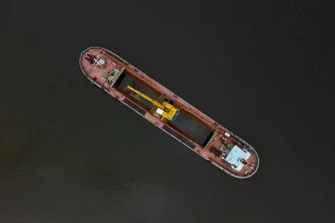 Top view of large ship is floating on the water Foto stock