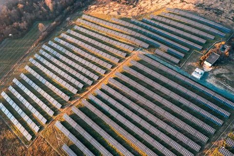 Top view of large solar cell plantations, green energy, solar energy, autumn Foto stock