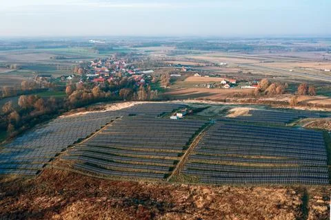 Top view of large solar cell plantations, green energy, solar energy, autumn Stock Photos