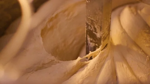 Top view of large stand machine used in commercial bakery to mix bread dough. Stock Footage 123649539
