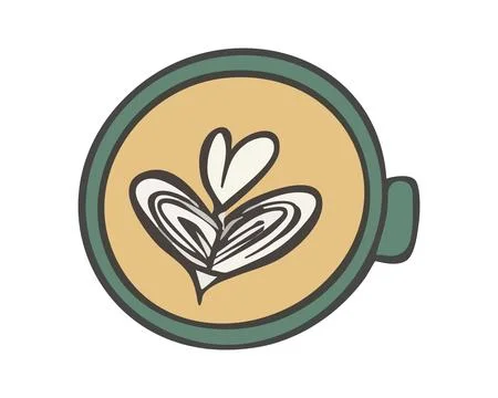 Top view of Latte Art in coffee Cup. Heart, flower shaped design in cappucc.. Stock Illustration