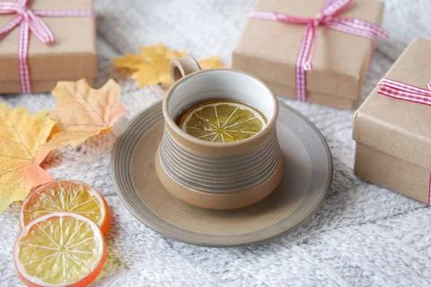 Top view of lemon tea and leaf on table Stock Photos
