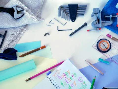 Top view of a light table, tools for repair, a compass Stock Photos