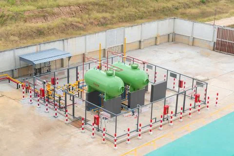 Top view of Liquid Bulk LPG gas terminals in factory. Stock-Fotos