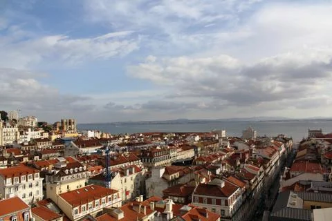 Top View to Lisbon and River Tejo from elevator Santa Justa, Portugal Stock Photos