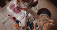 Top View Of Little Girls Painting With Watercolor Paints Stock Footage