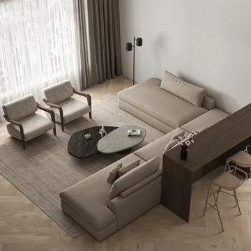 Top view of livingroom interior with large modular sofa, two armchairs, black Stock Illustration