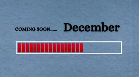 Top view of loading bar with text - Coming soon December. Light blue background. Stock Illustration