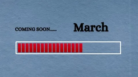 Top view of loading bar with text - Coming soon March. Light blue background. Stock Illustration
