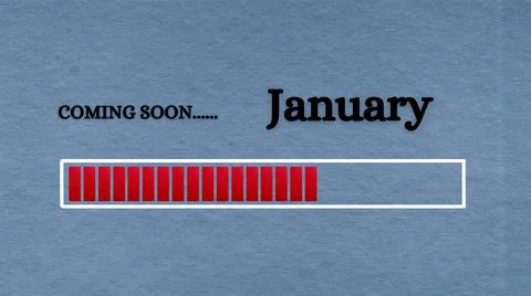 Top view of loading bar with text - Coming soon January. Light blue background. Stock Illustration