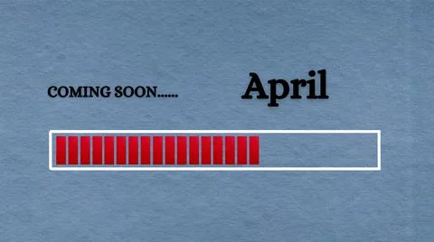 Top view of loading bar with text - Coming soon April. Light blue background. Stock Illustration