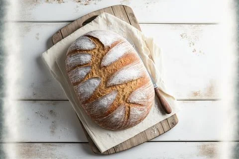 Top view of loaf of bread on white vintage table Stock Illustration