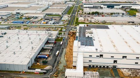 Top view of logistics warehouses. Sorting mail Foto stock