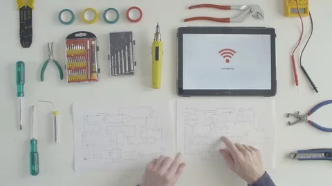 Top view looking at circuit board and wifi connect Stock Footage 69139183
