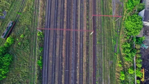Top view to a lot of parallel railway lines Stock Footage 159158768