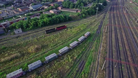 Top view to a lot of parallel railway lines Stock Footage 159160420