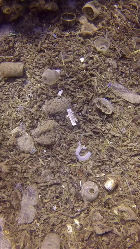 Top view, Lots of plastic debris at sea bed of Mediterranean Sea Stock Footage 255110137