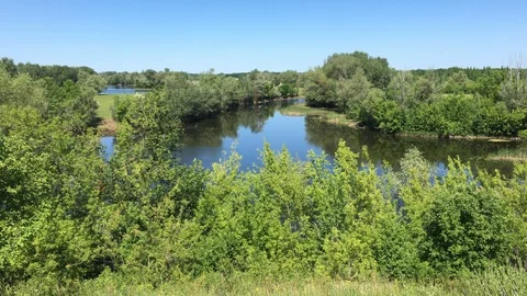 Top view of the lush forest-covered shores of the lake. 動画素材 109435291