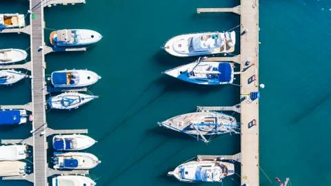 Top view of luxury yachts in the harbor, aerial shoot with drone Stock Photos