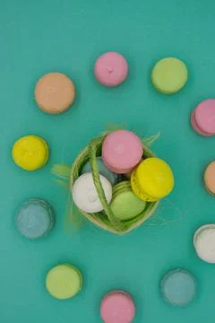 Top View of Macarons in a Basket Stock Photos