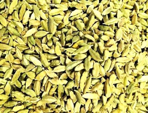 Top view macro closeup on plenty of green cardamom spice, horizontal format. Stock Photos