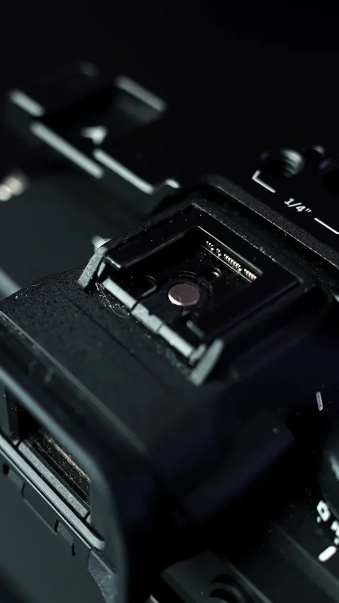 Top view macro of mirrorless camera hot shoe mount, electronic viewfinder and Stock Footage 329479903