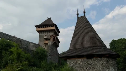 Top view of a main tower of the century-old castle. Dilapidated Nevitsky Castle. Stock Footage 160949149