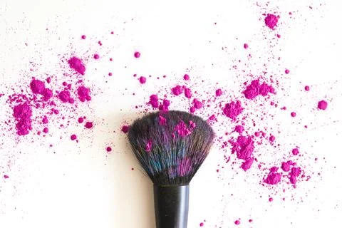Top view make up brush pink face powder Stock-Fotos
