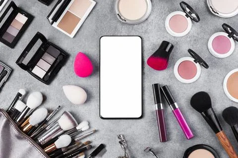 Top view makeup desk concept with copy space. High quality and resolution Stock Photos