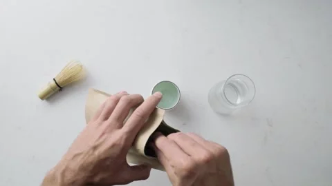 Top view. Making matcha green tea in Japanese style at home. White kitchen Stockbeeldmateriaal 160041025