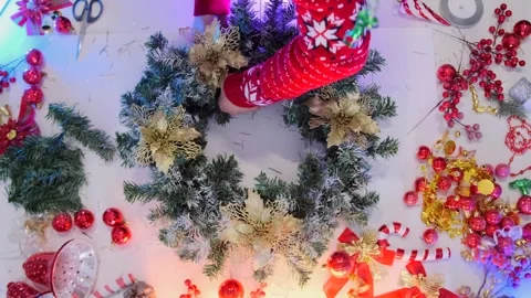Top view of making Xmas tree wreath Video stock 289732314