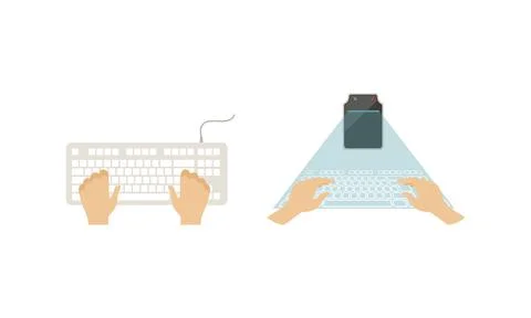 Top View of Male Hands on Computer Keyboard Set, Wireless and Virtual Input Illustrazione stock