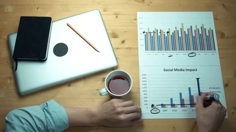 Top view male hands working with printed graphs making notes with marker Stock Footage 82902722