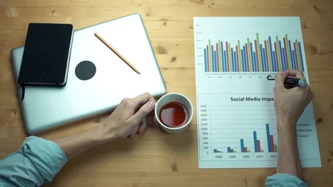 Top view male hands working with printed graphs making notes with marker Stock Footage 82903693