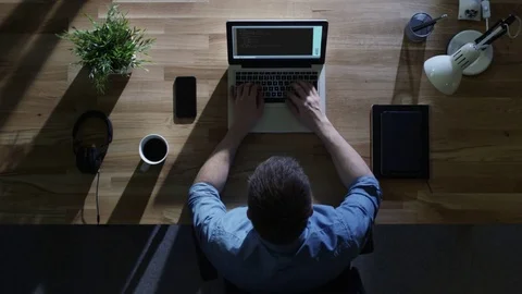 Top View of Male Programmer Writing Code on His Desktop Computer at Night. Stock-Footage 71466848