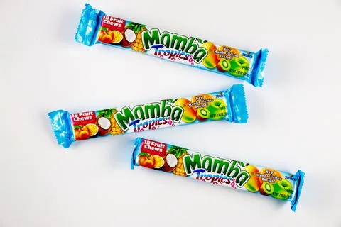 Top view of Mamba individually wrapped chewy candy with tropics flavors. Stock Photos