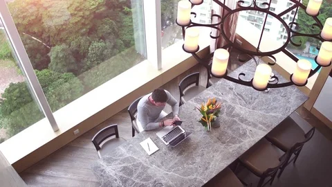 Top view of man at big office desk. Clean working space at huge table Stock Footage 84875876